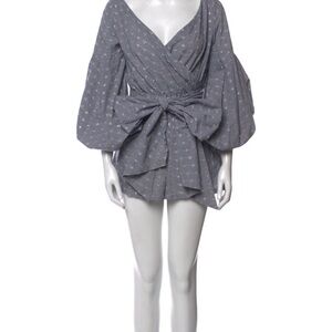 Alexis Dark Navy/white gingham plaid  Puff sleeve Romper with Bow